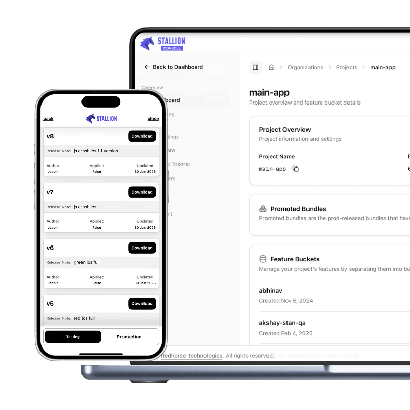 React Native Stallion OTA updates dashboard - CodePush alternative showing patch updates, hot updates, and live reload for React Native apps