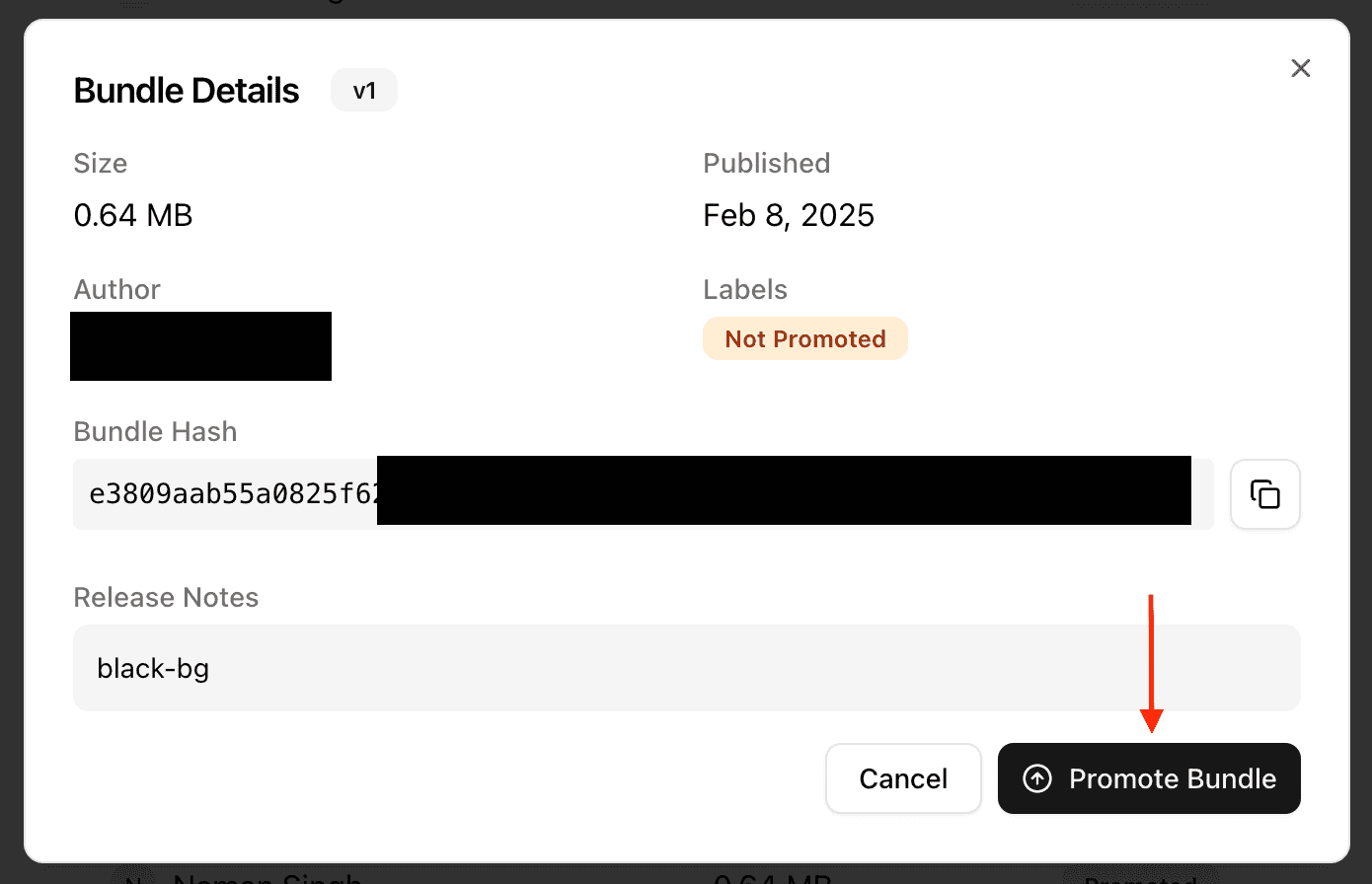 React Native Stallion promote bundle interface showing production deployment options