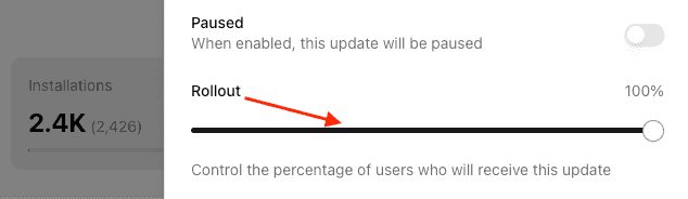 React Native Stallion phased rollout slider interface showing percentage control
for OTA update distribution