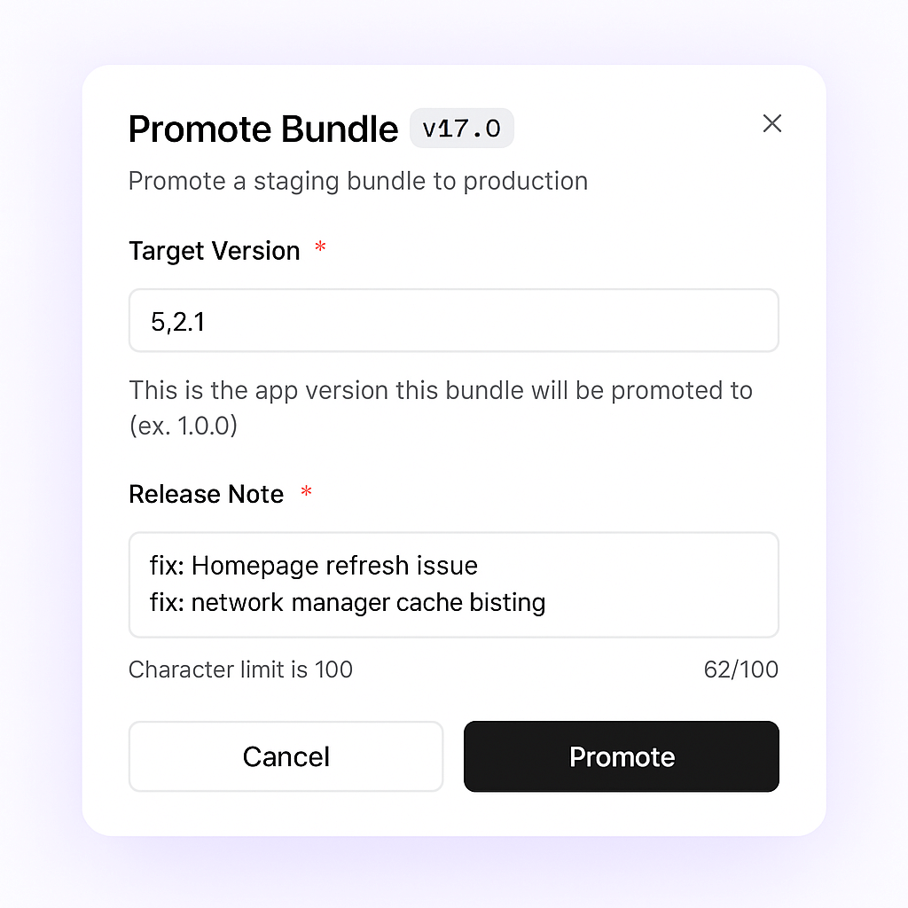 Promote to Production - React Native Stallion workflow for OTA updates and CodePush alternative